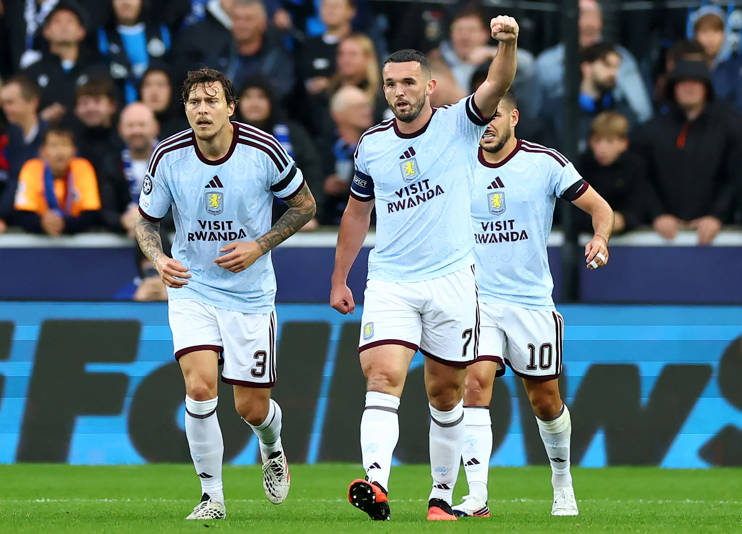 Aston Villa players celebrate their 3-2 Champions League win over Club Brugge