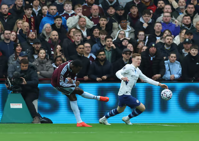 Nicolas Jackson celebrates scoring for Aston Villa against Manchester City at Villa Park
